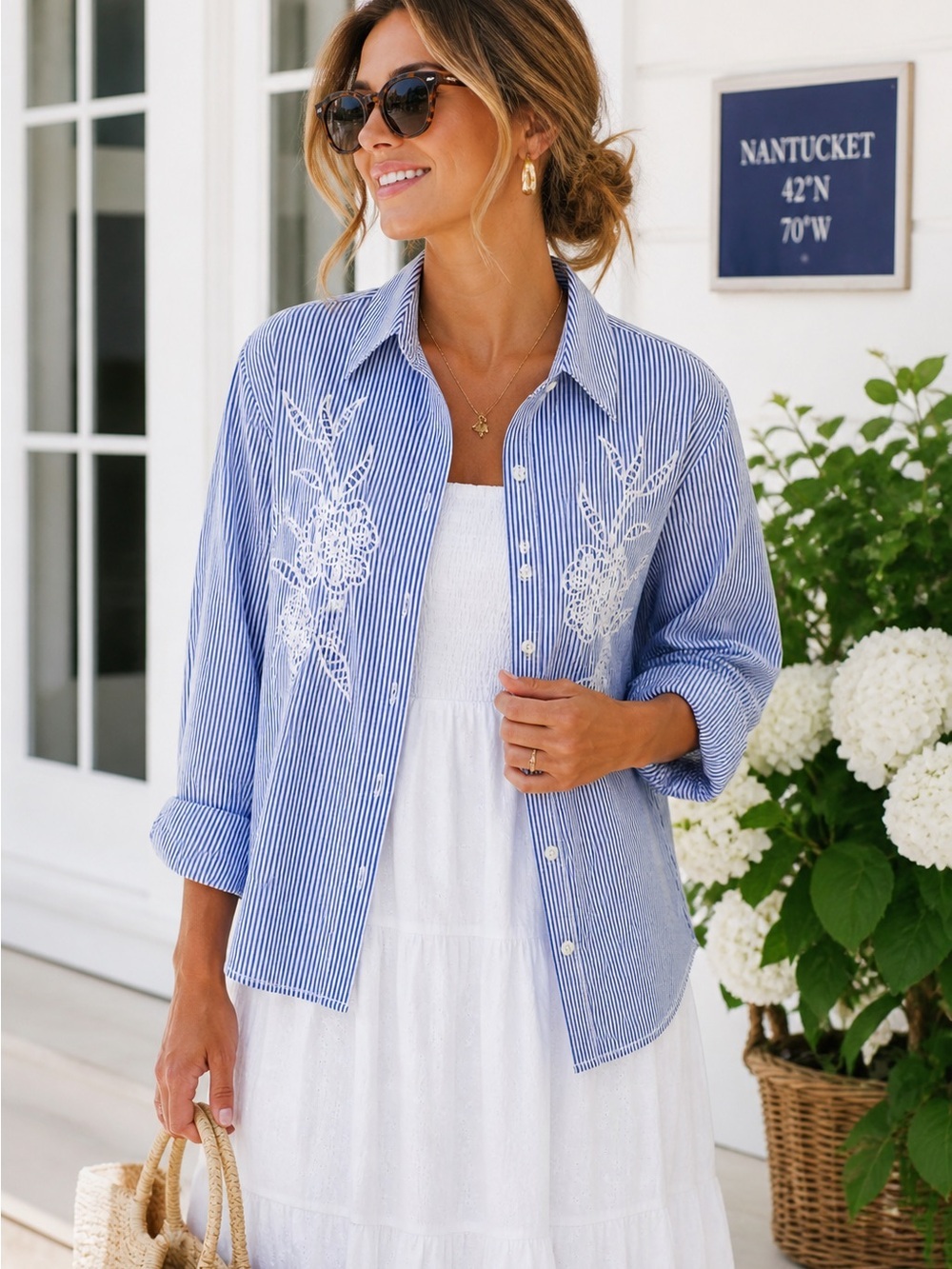 Bailey/44 Blue Striped Embroidered Blouse | Coastal Chic Button Down | Small